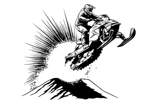 Dynamic monochrome vector illustration of an adventurous rider performing an exhilarating jump on a winter motor vehicle, capturing the thrill of extreme snow sports