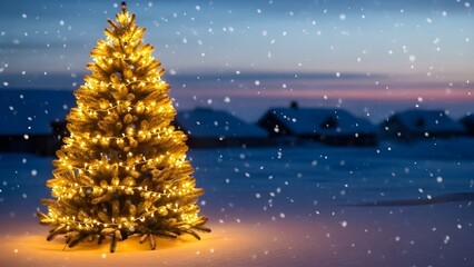 Illuminated Christmas tree in a serene winter landscape with falling snow
