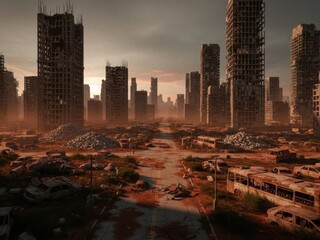 Postapocalyptic cityscape shows the ruins of a destroyed urban environment