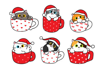 Vector Illustration of Cartoon Christmas Cat in Coffee Cup Characters on Isolated Background. Hand Drawn Vector Illustration.