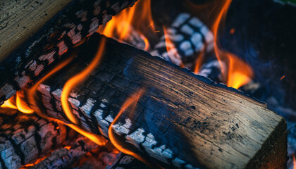 Intense close up of burning wood logs with vibrant orange flames and smoke