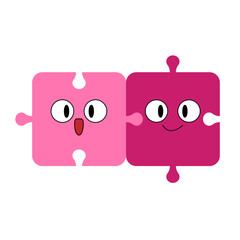 Cute matching puzzle pieces. Hand drawn complementary pair of puzzles. Valentine's Day doodle elements. Hugs. Stock vector illustration isolated on white background.