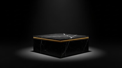 Empty black marble podium with gold line accent in spotlight. Product display stand for cosmetic or jewellery advertisement. Minimalist studio background.