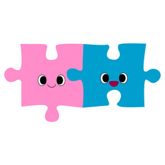 Cute puzzle pieces. Matching couple. Hand drawn complementary pair of puzzles. Valentine's Day doodle elements. Hugs. Stock vector illustration isolated on a white background.