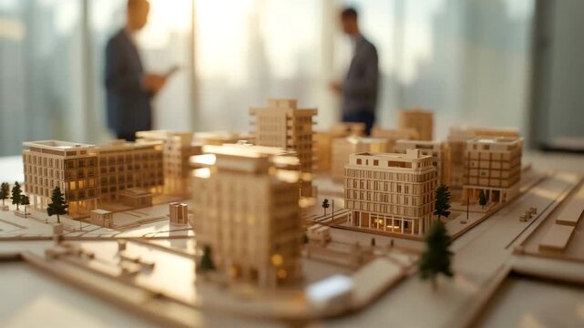 Modern Architectural Scale Model of Urban Buildings with Business Professionals Discussing Design