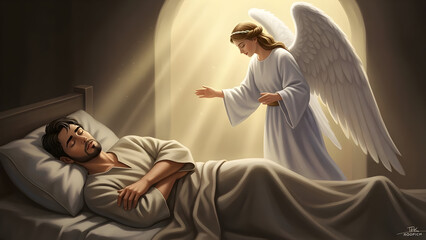 Obraz premium Ethereal Depiction of an Angel Appearing to Joseph in a Sacred Dream, Illuminating the Night with Divine Guidance, Comfort, and Heavenly Revelation