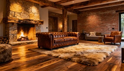 Obraz premium Rustic-Modern Luxury Living Room with Stone Fireplace