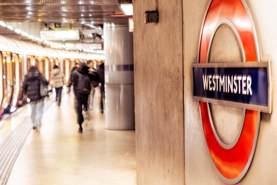 LONDON -  Westminster Underground Station &ndash; District/Circle/Jubilee Line platform with iconic roundel