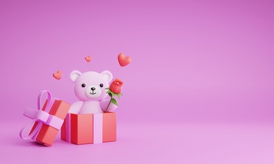Cute Pink Teddy Bear with Red Rose in Gift Box for Valentine's Day  pink background 3D rendering.