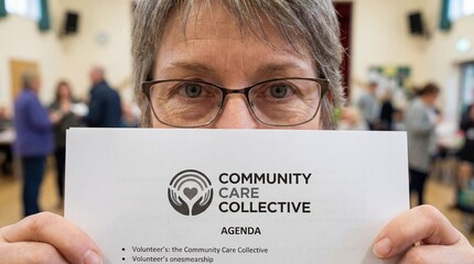 Brainstorming for nonprofits concept. A person holds an agenda for the Community Care Collective, showcasing community engagement.