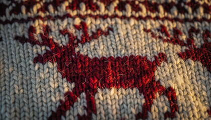 Extreme close up of warm knitted fabric featuring a traditional nordic reindeer pattern