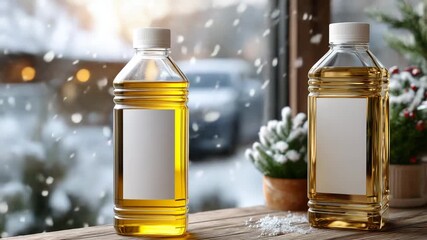 11Motor oil bottle on garage table with snow lightly falling outside a window, blank label ready for branding