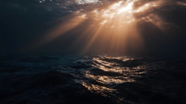 Dramatic sunbeams pierce the dark ocean surface and water creating light shafts during golden hour