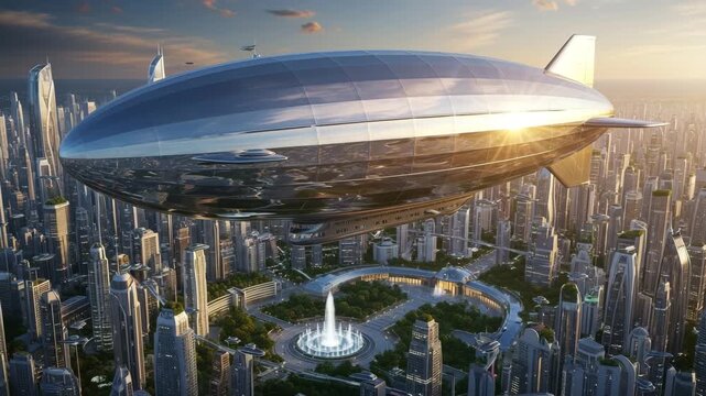Futuristic airship glides over gleaming metropolis at sunset with advanced architecture and urban Ai HD 4K video.

