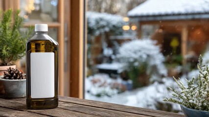 12Motor oil bottle on garage table with snow lightly falling outside a window, blank label ready for branding