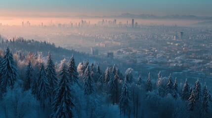 A winter landscape with a distant city skyline,