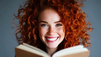 A joyful young woman with vibrant red hair and striking freckles expresses excitement and happiness while holding an open book, showcasing the joy of reading and discovery.