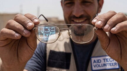 Brainstorming for nonprofits concept. A volunteer holds up a pair of glasses, emphasizing their role in aid and support.