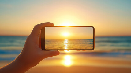 Hand holding smartphone sunset beach ocean horizon reflection golden sky peaceful