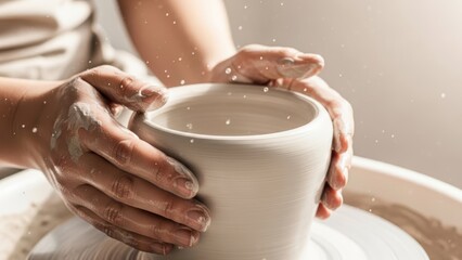 Woman potter creating clay vase on wheel. Pottery art concept with craft hobby. Close-up of artisan hands forming ceramics for workshop.