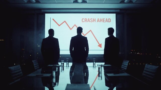 Silhouettes of businessmen watching a market crash graph on a screen. Corporate team facing financial crisis and recession warning in a dark boardroom. Economic downturn concept