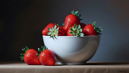 Vibrant red strawberries overflowing from a white bowl, fresh and juicy, on a dark background