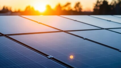 Solar panel surface collecting sunlight at sunset, for clean energy production. Renewable resource concept for sustainable development.