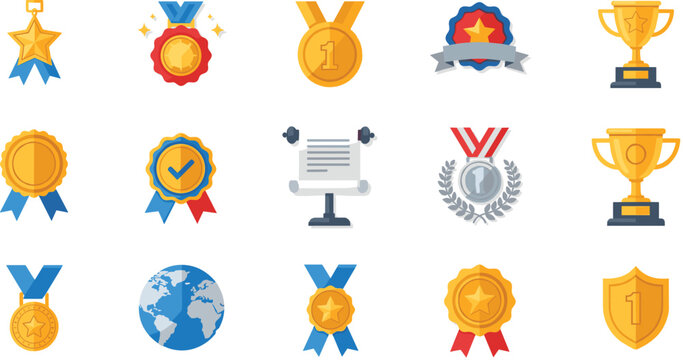 A flat design vector collection of fifteen various achievement symbols, including gold, silver, and bronze medals, trophies, rosettes, badges, and shields for competition and success