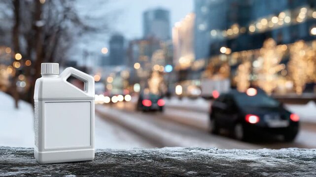 17Close-up of antifreeze bottle on asphalt or concrete outdoor table, blank label, blurred snowy winter car scene