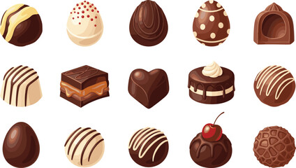 A detailed, colorful vector collection of fifteen gourmet dark and white chocolate candies, truffles, bonbons, and pralines, featuring heart, egg, and square shapes