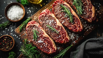 Mobile meat wallpaper: dark-wood 4-steak vertical blank—iOS/Android lock-screen template, cool desaturated premium tone