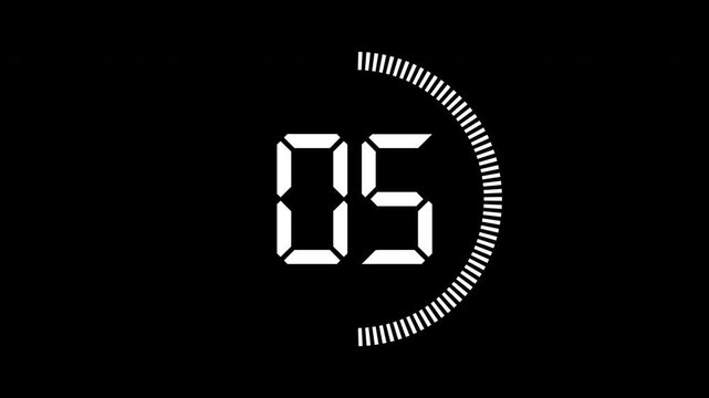 Animated black and white, and blue glowing countdown timer from 10 to 0 seconds on a black background. Minimal hitech countdown design, flat video suitable for overlay, alpha, or tint layer