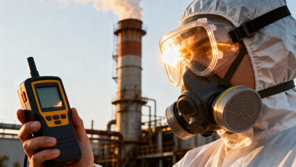 Technician in Protective Gear Using Gas Detector at Industrial Facility During Sunset