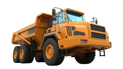 Isolated yellow heavy dump truck, earthmover used in construction, mining industry equipment