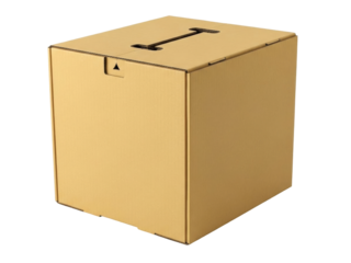 Isolated cube box of cardboard with slots for carrying, brown colored packing container