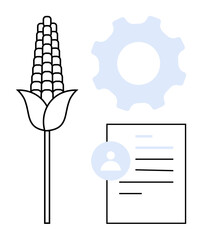Agriculture, technology, document processing, farming initiatives, crop management, production planning. Corn plant beside a gear and document icon. Agriculture and technology integration idea