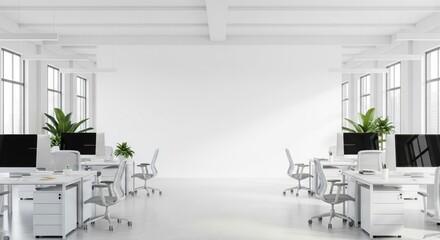 Modern, minimalist white office space featuring clean desks, high-tech computers, and ergonomic chairs