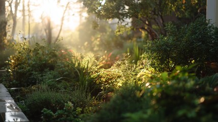 Fototapeta premium Garden scene during morning light with plants and greenery in focus