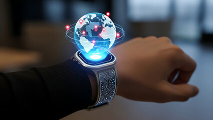 Smartwatch projecting global network and location pins concept