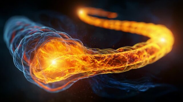 Dynamic Visualization of a Fiery Energy Wave in Motion, Demonstrating Brilliant Orange and Blue Trails with Sparks, Symbolizing Power and Vibrancy in an Abstract Style