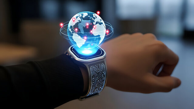 Smartwatch projecting global network and location pins concept - Powered by Adobe