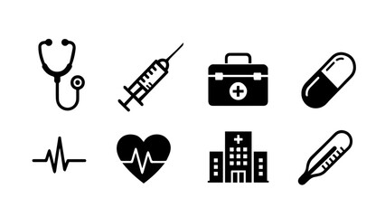 Collection of essential black and white medical icons representing healthcare services diagnosis treatment and emergency response tools