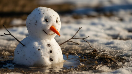 Snowman melting in the winter sunlight on a snowy ground  