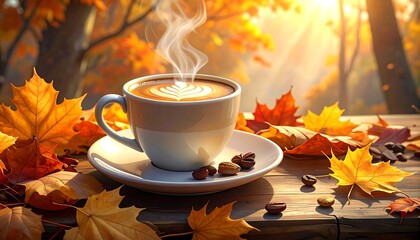 Coffee cup with latte art on a wooden surface, surrounded by fall leaves