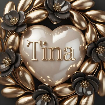 Elegant golden heart with tina inscription, surrounded by a luxurious wreath of gold leaves and dark flowers