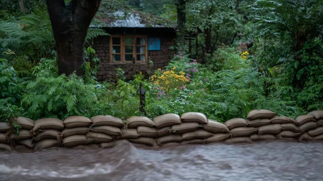 34Rain-soaked ground and muddy reflections around a home defended by rows of sandbags, symbolizing readiness and human perseverance