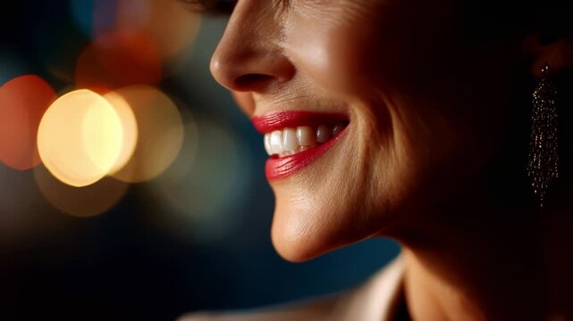 Capturing Radiance: A Close-Up View of a Woman's Joyful Smile Illuminated by Glowing Lights, Showcasing Beauty and Elegance in Every Subtle Detail