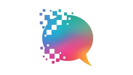 Abstract colorful pixel art speech bubble with vibrant rainbow gradient squares representing digital communication and creative messaging on white background