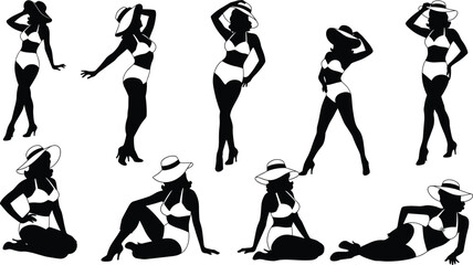 Set of Vintage Pin-Up Girl Silhouettes in Swimsuit and Sun Hat, Retro Beach and Summer Fashion Model Poses, Black and White Vector Illustration for Graphic Design, Logo, and Poster.
