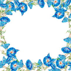 Watercolor hand drawn floral square frame with light blue morning glory, floral wreath with copy space isolated on white. Ipomoea flower for greeting card, wedding invitation, natural-themed designs